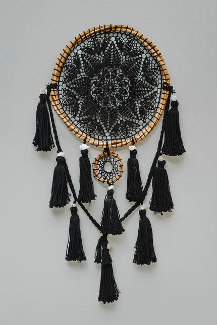 decoracion textil de macrame, atrapasueños colgante grande negro