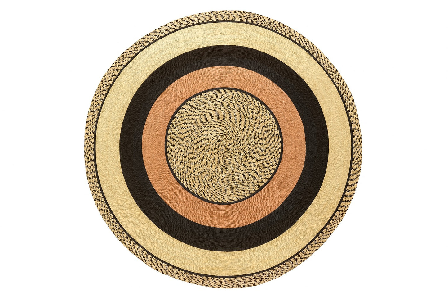 Tapete redondo de palma en colores beige, café y rosa, tapete tejido artesanalmente