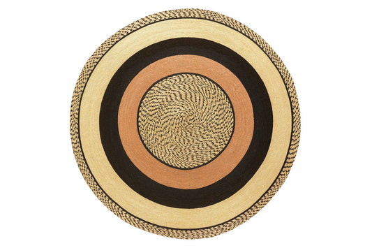 Tapete redondo de palma en colores beige, café y rosa, tapete tejido artesanalmente