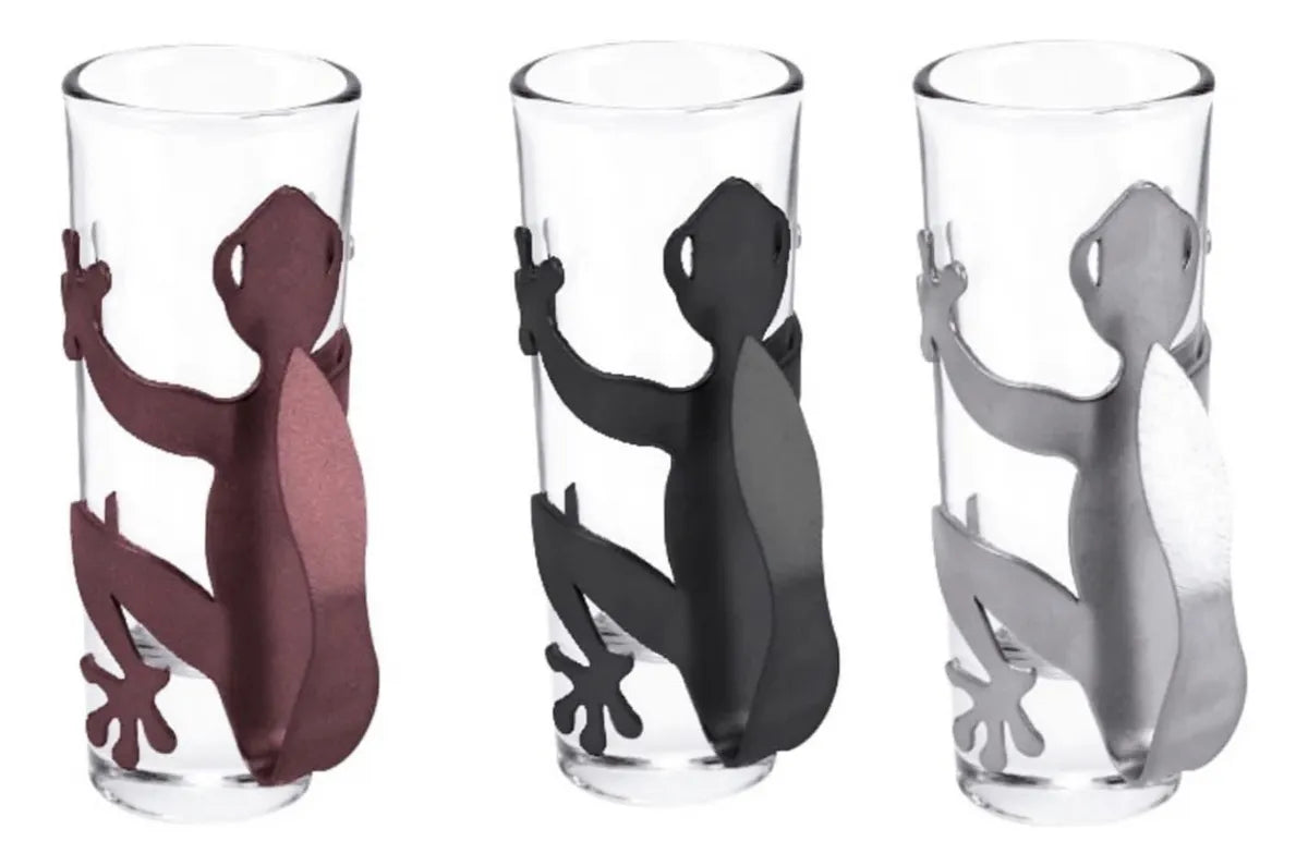 tequileros de vidrio, con decoracion de lagartija de metal, vasos tequileros set